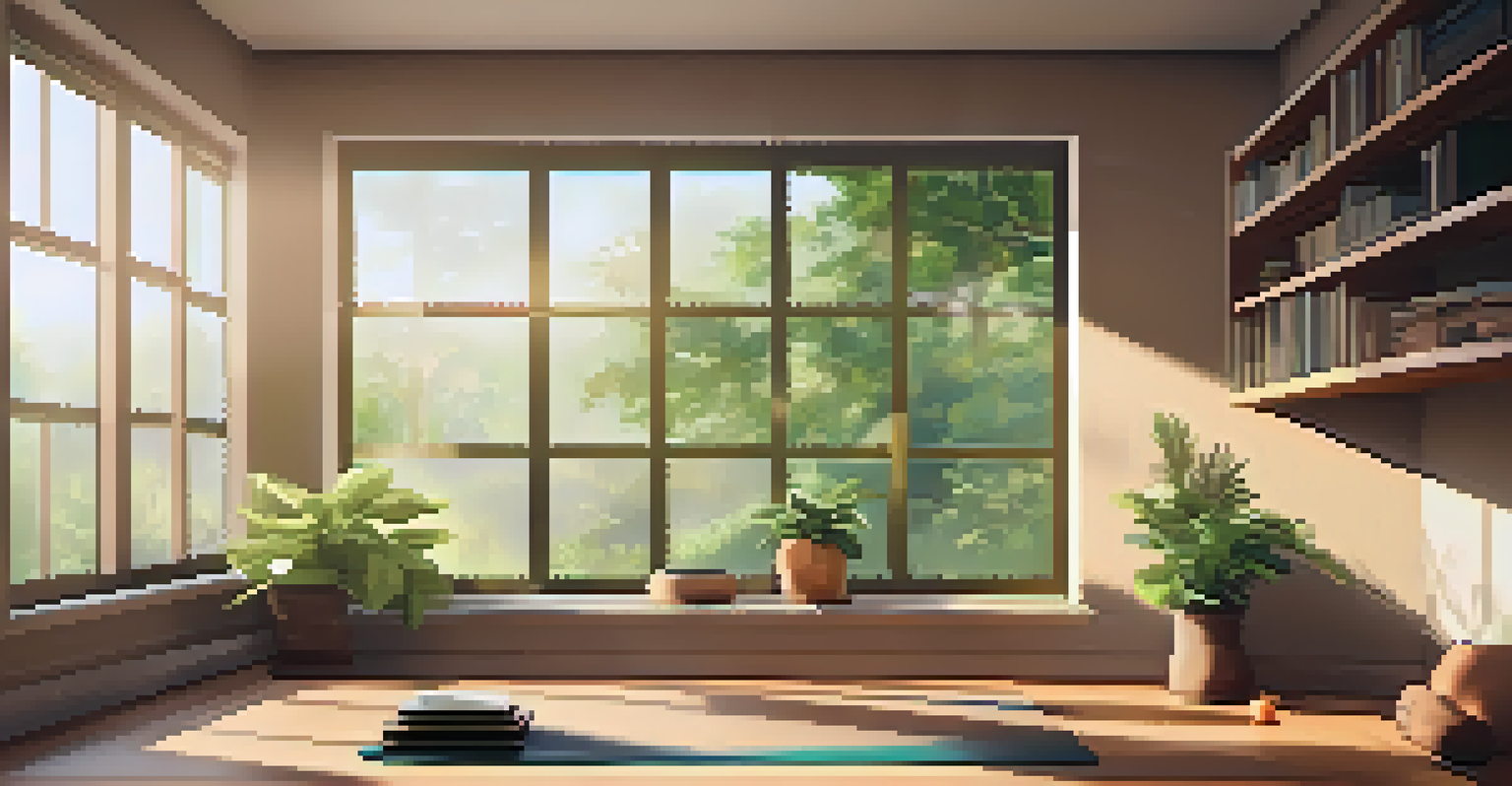 An inviting yoga space with sunlight, soft colors, and a speaker for calming music.