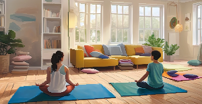 A family of four practicing yoga together in a cozy living room filled with colorful mats, soft lighting, and comfortable props.