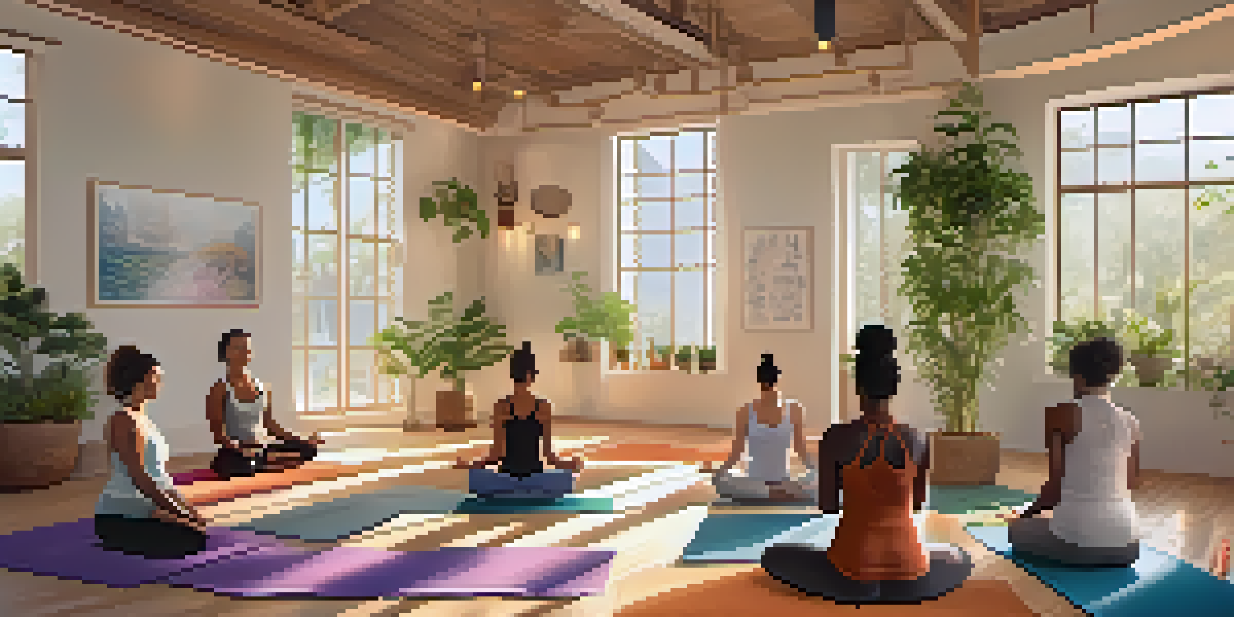 A peaceful yoga studio with individuals practicing yoga poses, surrounded by plants and soft lighting.