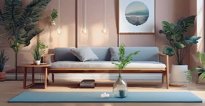 A cozy yoga space with soft candlelight and potted plants, featuring a yoga mat and cushions.