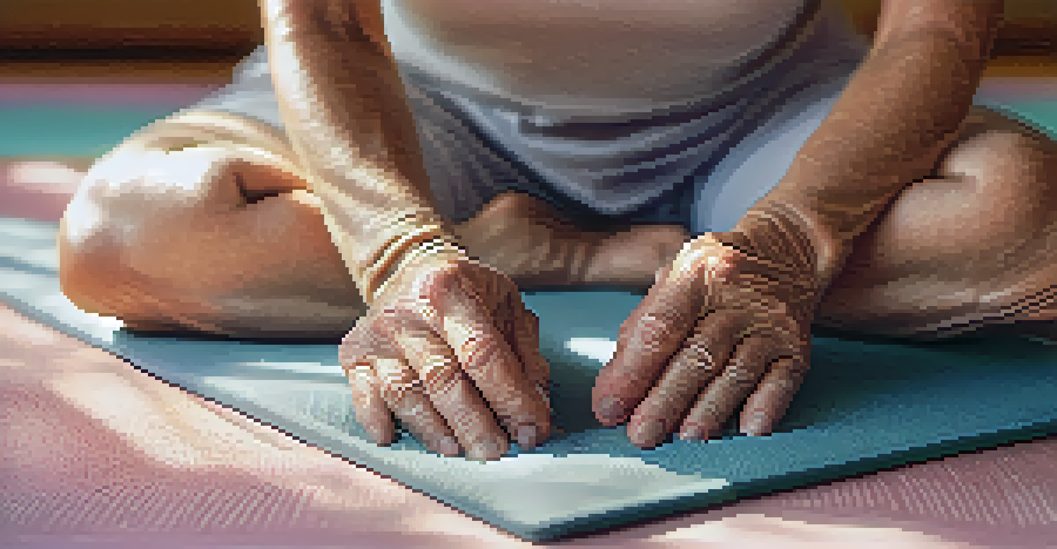 Close-up of a senior's hands in a breathing exercise on a yoga mat, emphasizing calmness and mindfulness.