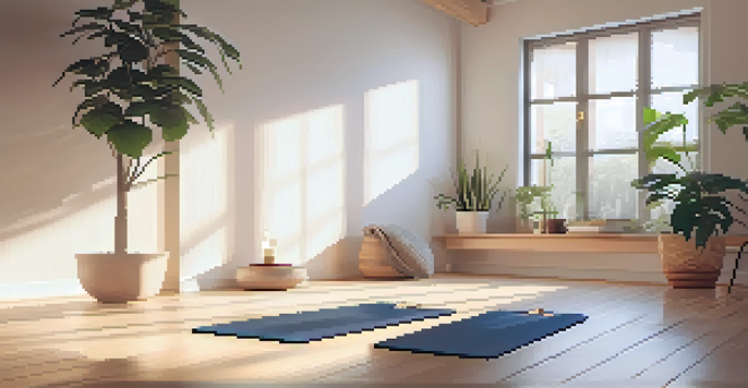 A tranquil home yoga space with a yoga mat, indoor plant, scented candle, and soft lighting, creating a peaceful atmosphere.