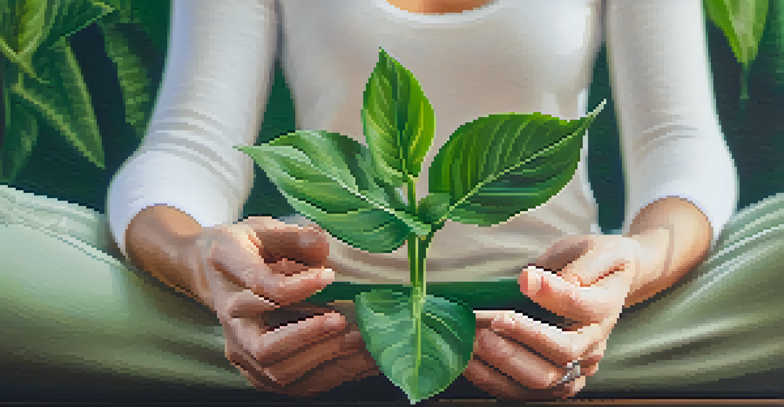 A close-up of hands in a yoga pose holding a small plant, representing the link between yoga and nature.