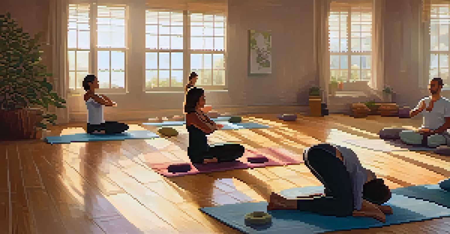 A cozy yoga class with individuals practicing restorative yoga poses in a warm room.