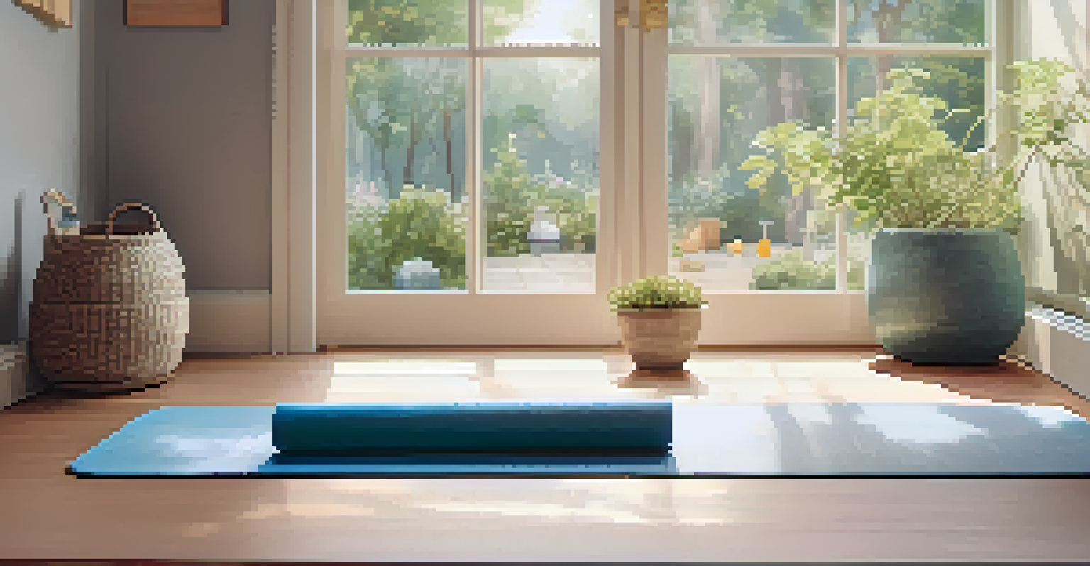 A cozy yoga corner featuring a mat, bolsters, and a water bottle in a softly lit room, with a view of a peaceful garden outside the window.