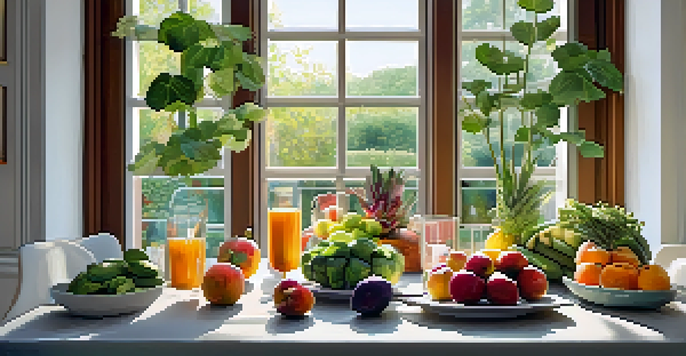 A peaceful dining table with fresh fruits and vegetables, illuminated by soft natural light in a calming kitchen environment.