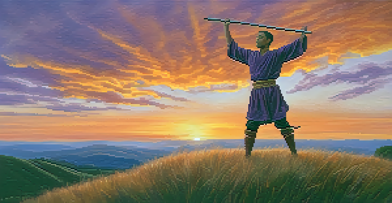 A person practicing Warrior I pose on a hilltop at sunset, with vibrant colors in the sky and a sense of empowerment.