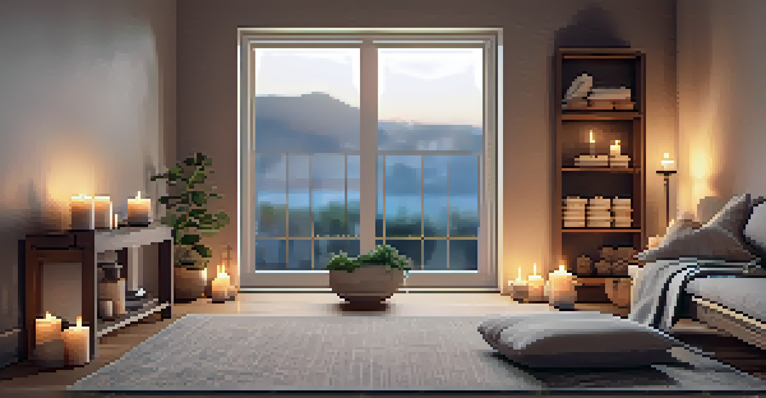 A cozy yoga setup for Supported Bridge Pose with soft lighting and calming decor.