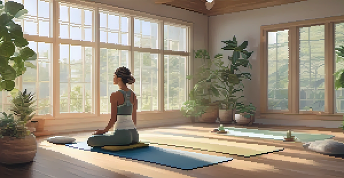 A person practicing yoga in a peaceful indoor setting with natural light and plants, emphasizing relaxation and mindfulness.