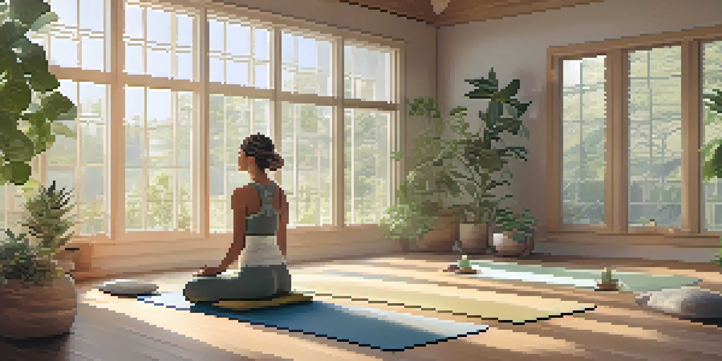 A person practicing yoga in a peaceful indoor setting with natural light and plants, emphasizing relaxation and mindfulness.