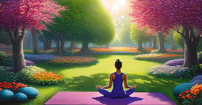 A person meditating in a garden with glowing orbs representing chakras in vibrant colors.