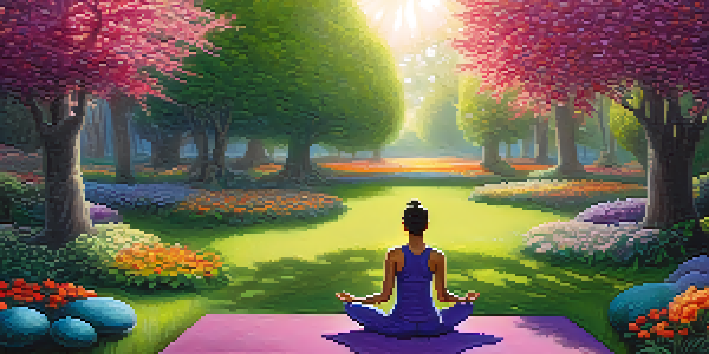 A person meditating in a garden with glowing orbs representing chakras in vibrant colors.