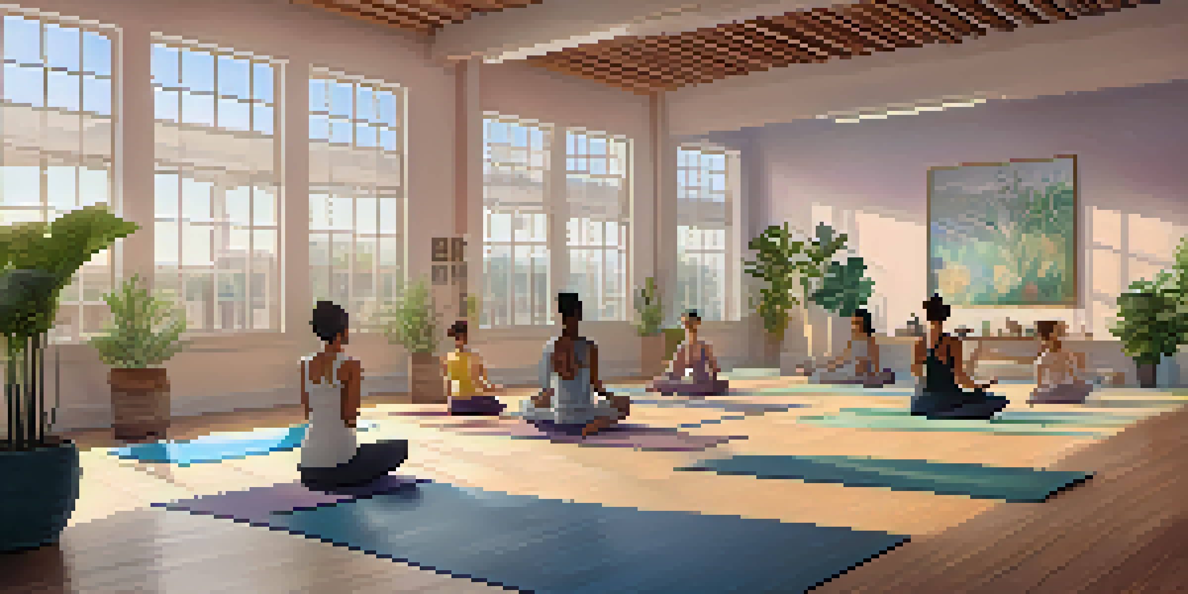 A diverse group of individuals practicing yoga in a bright, serene studio filled with plants and natural light.