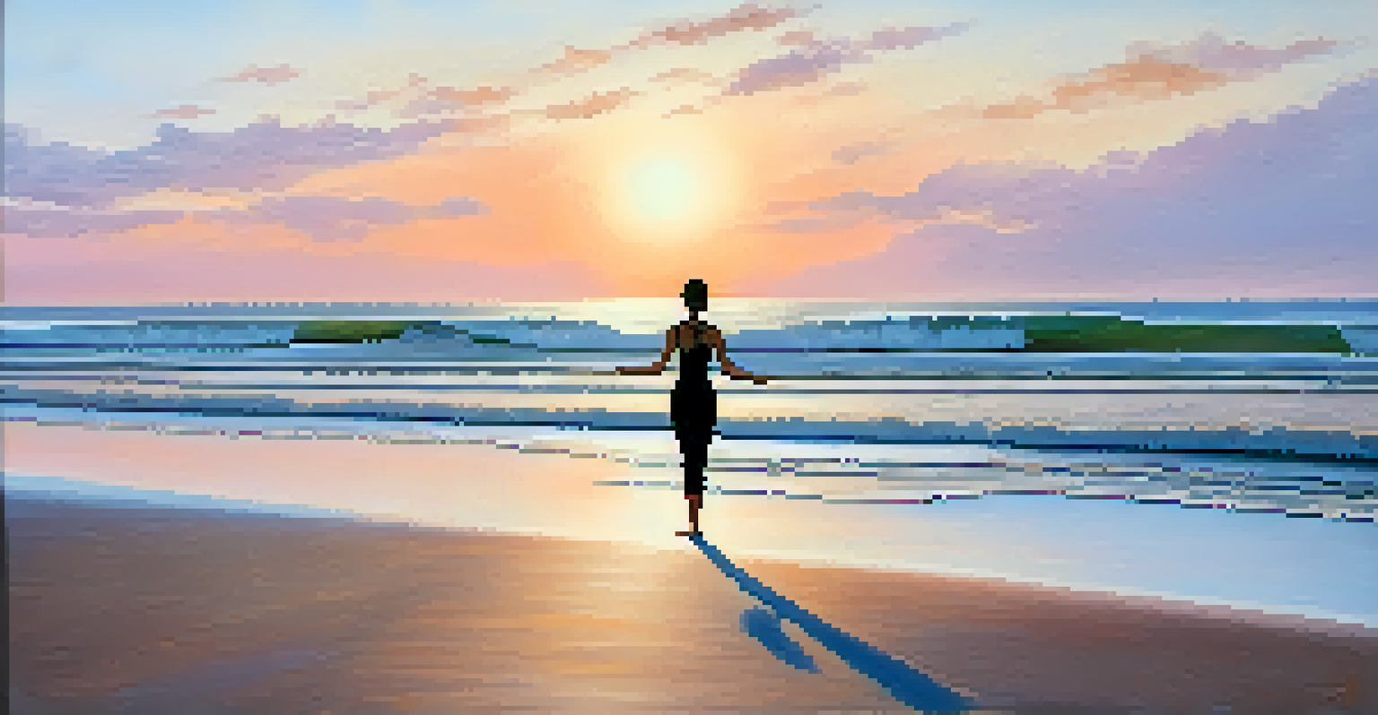 A peaceful beach scene at sunrise with a yogi practicing yoga in silhouette against the colorful sky.
