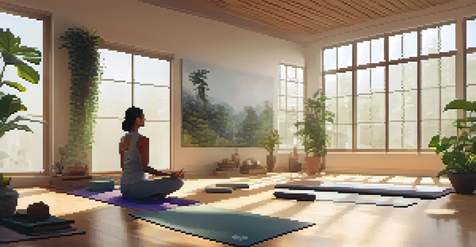 A peaceful yoga studio with a person practicing Child's Pose on a yoga mat, surrounded by plants and soft lighting.