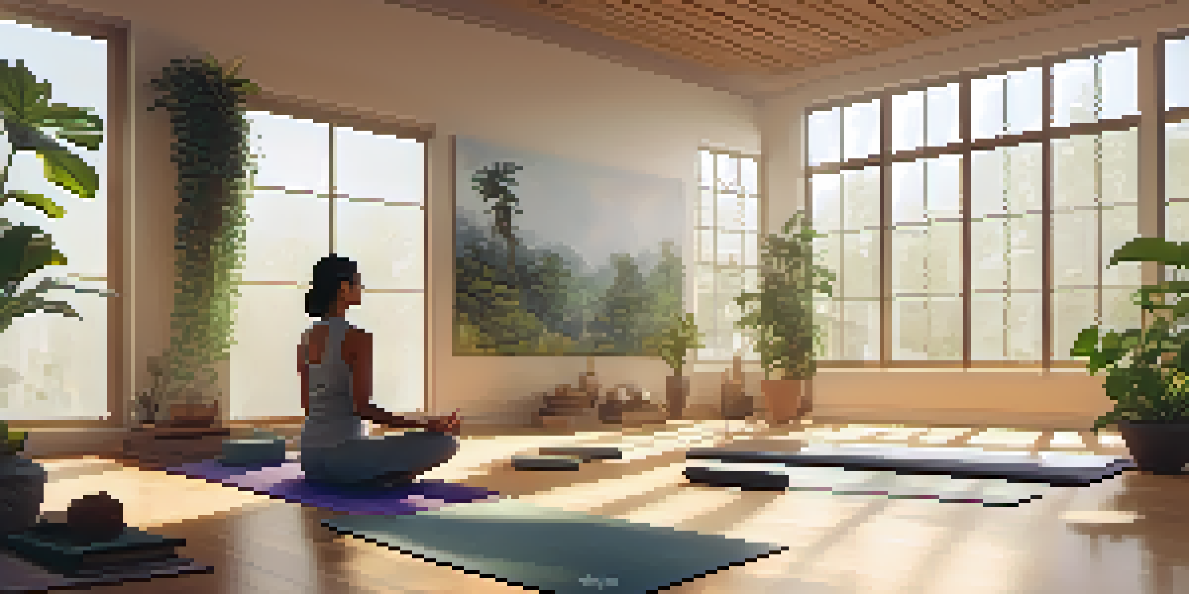 A peaceful yoga studio with a person practicing Child's Pose on a yoga mat, surrounded by plants and soft lighting.