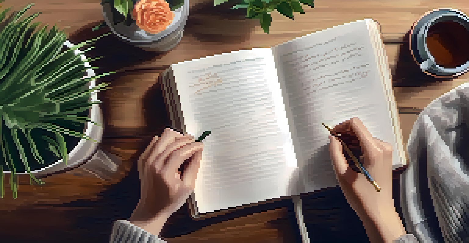 A close-up of hands writing in a gratitude journal with a cup of tea, set in a cozy, softly lit room filled with plants.