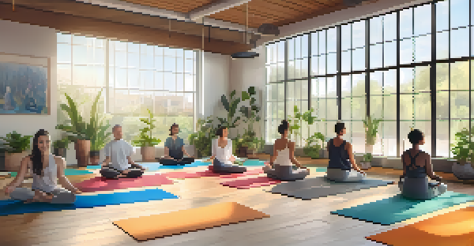 A peaceful yoga studio filled with diverse individuals practicing yoga poses under soft sunlight, surrounded by plants and calming decor.