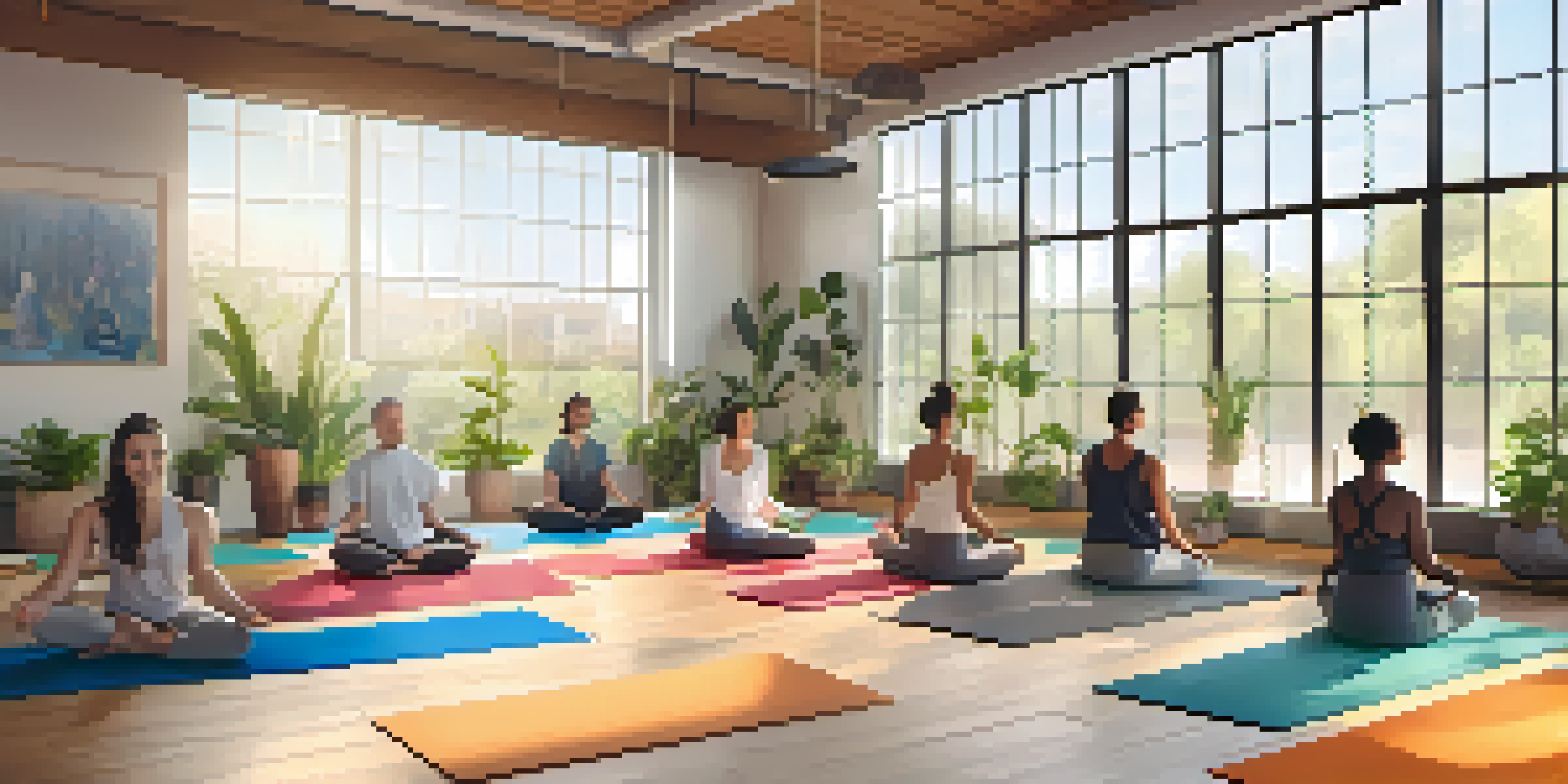 A peaceful yoga studio filled with diverse individuals practicing yoga poses under soft sunlight, surrounded by plants and calming decor.