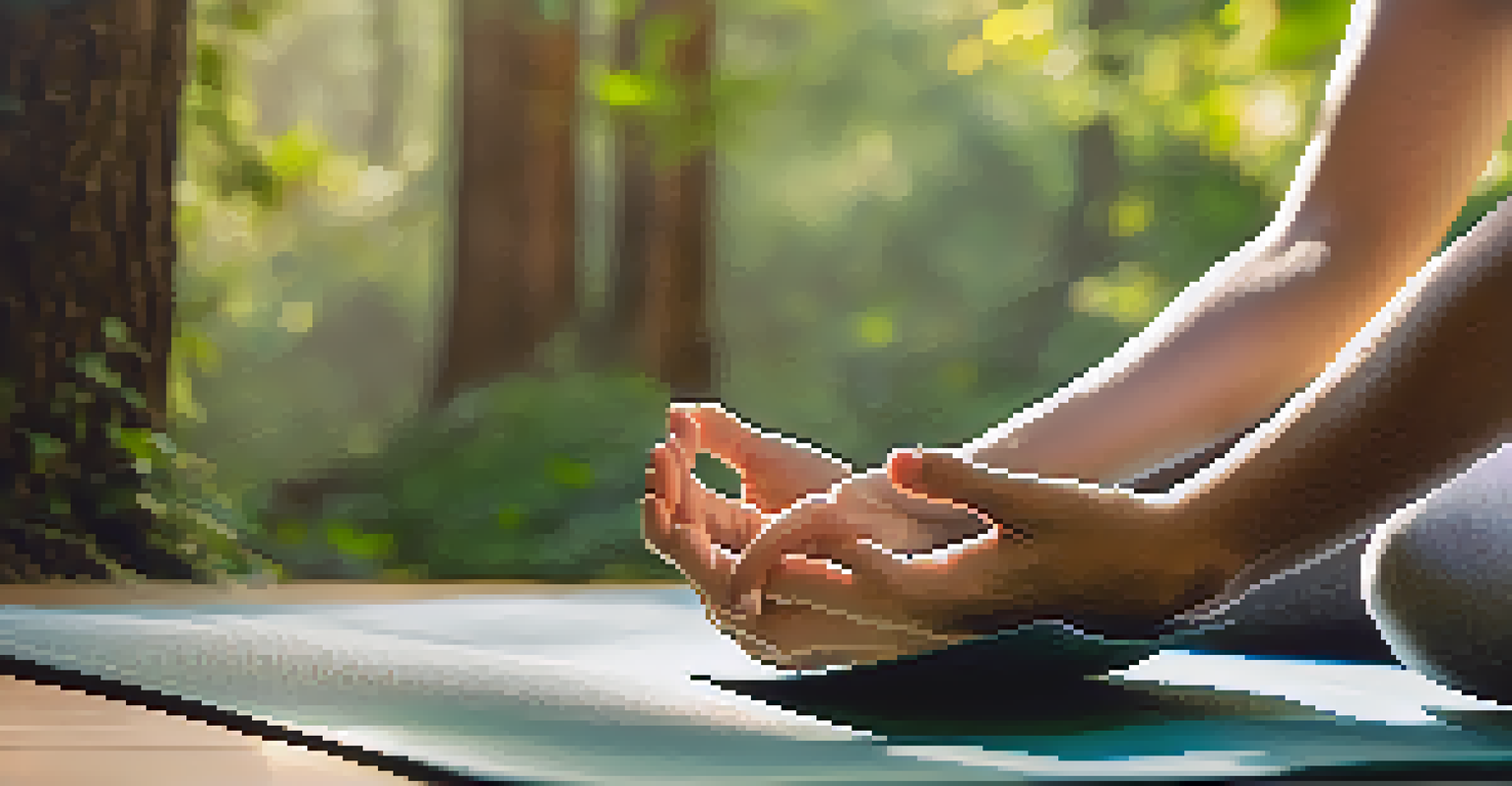 Close-up of hands in a meditative pose on a yoga mat with a natural landscape in the background.