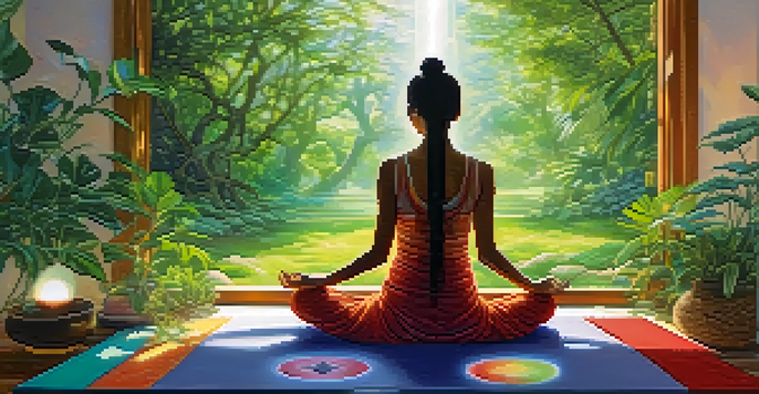 A person meditating on a mat with colorful chakra symbols around them, surrounded by green plants and soft sunlight.