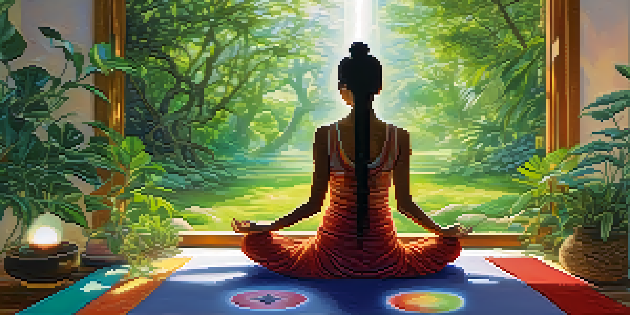A person meditating on a mat with colorful chakra symbols around them, surrounded by green plants and soft sunlight.