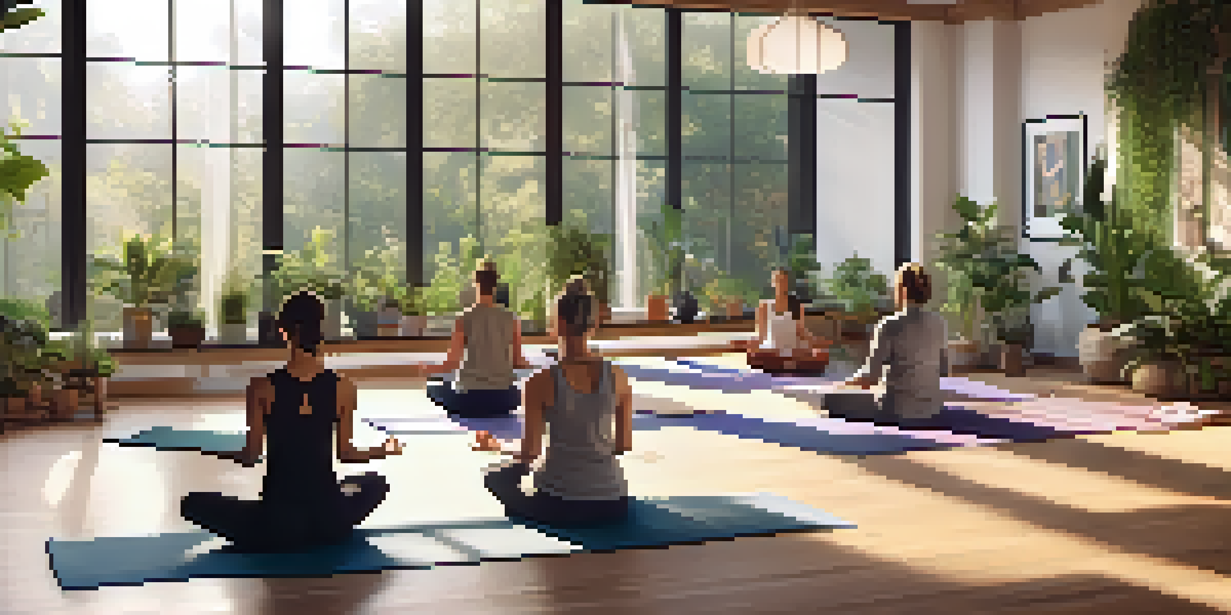 A tranquil yoga studio with a group of people practicing Hatha yoga, surrounded by plants and natural light.