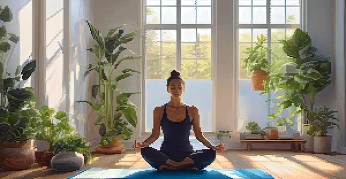 A peaceful yoga studio with a person practicing breathwork on a colorful mat, surrounded by plants and natural light.