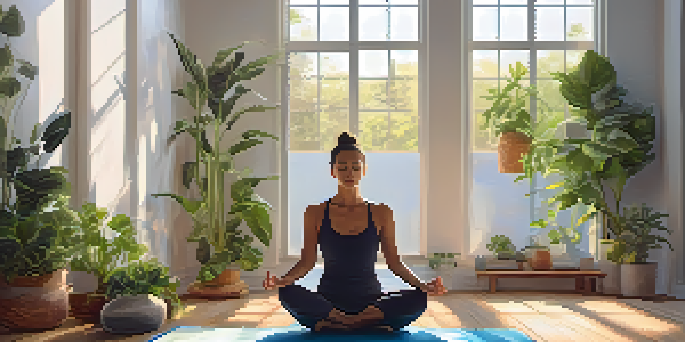A peaceful yoga studio with a person practicing breathwork on a colorful mat, surrounded by plants and natural light.