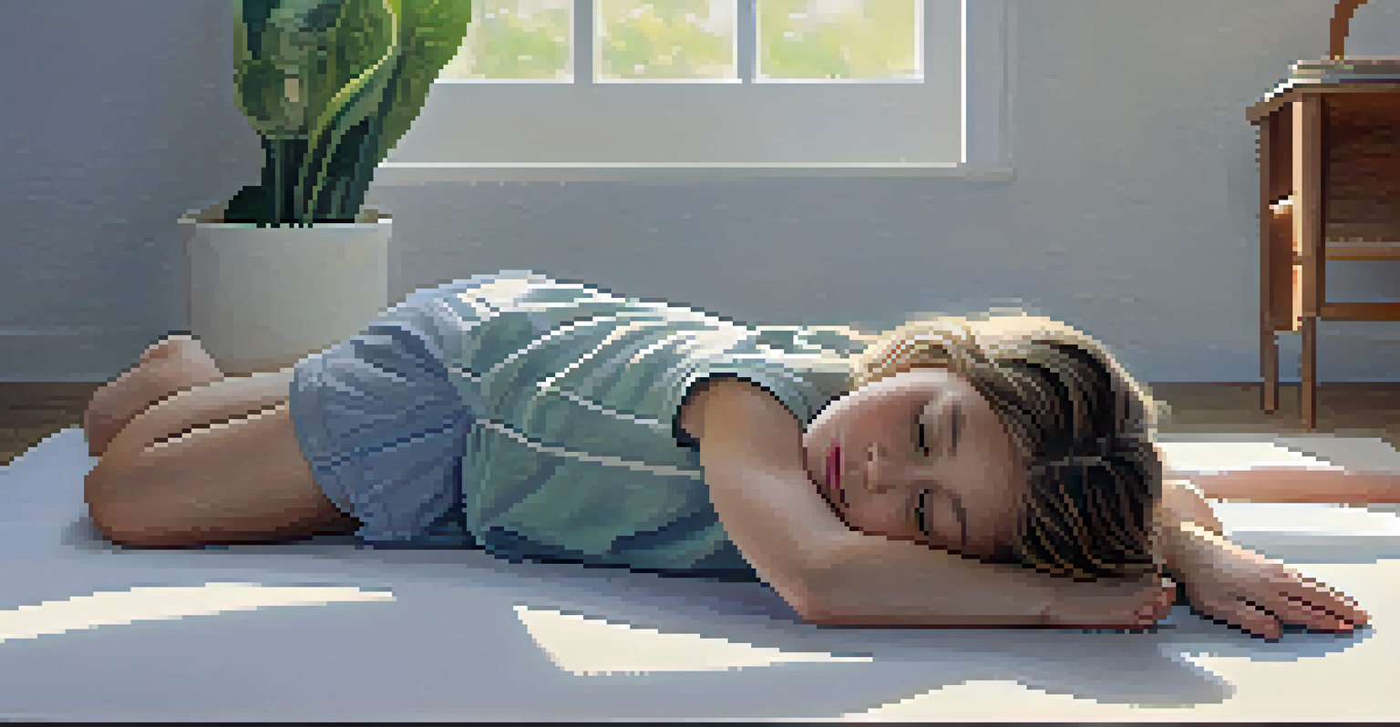 A close-up of an individual in Child's Pose on a soft mat, creating a calming atmosphere.
