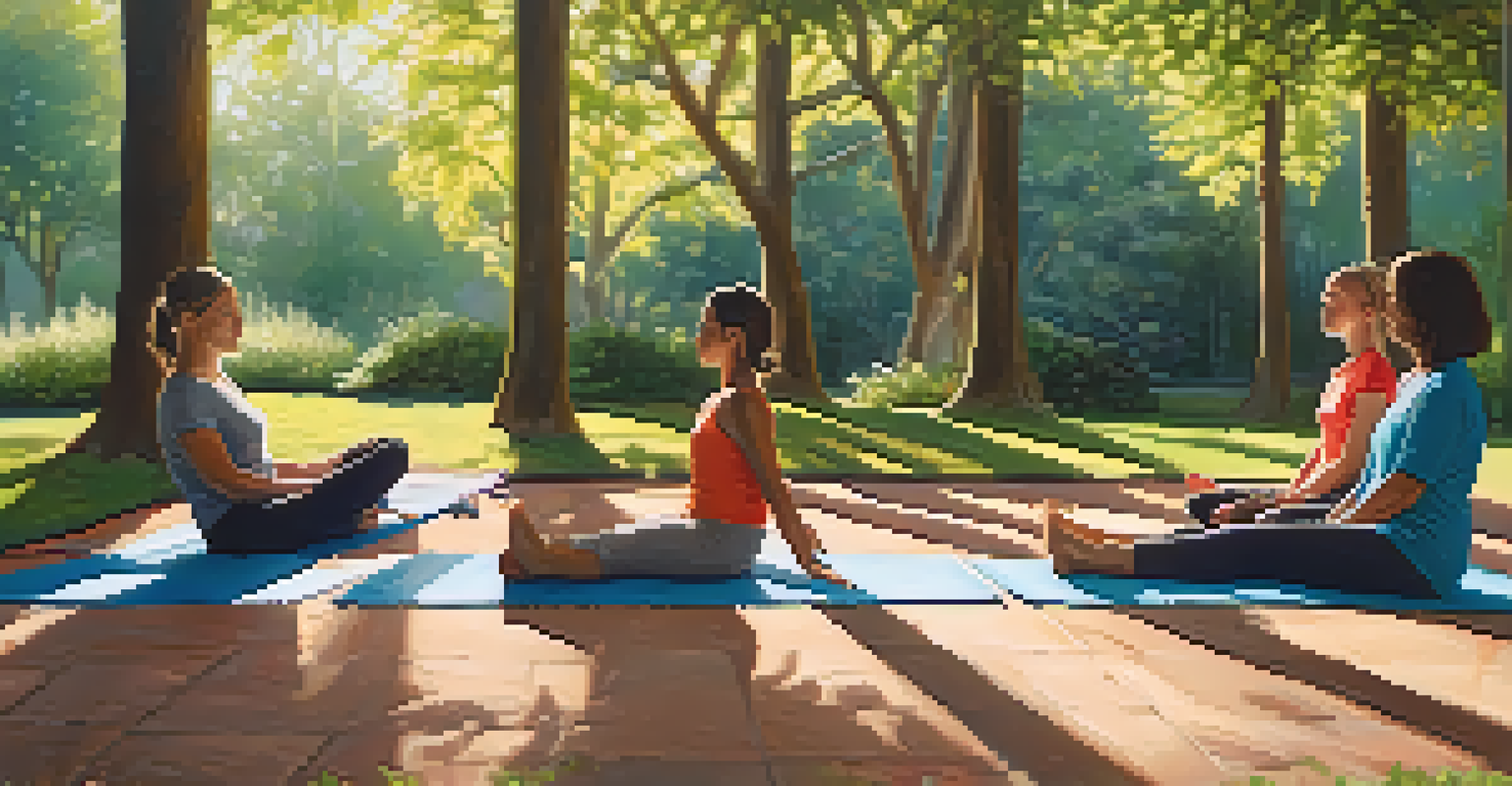 A family practicing Savasana in a peaceful garden, lying on yoga mats with sunlight filtering through trees.