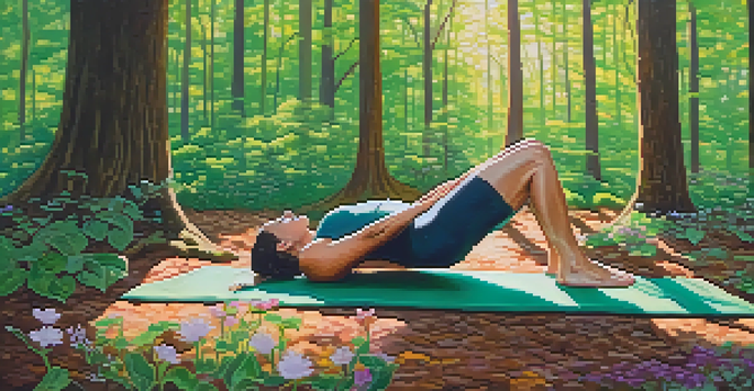 A person practicing yoga in an outdoor forest setting during spring, surrounded by blooming flowers and sunlight.
