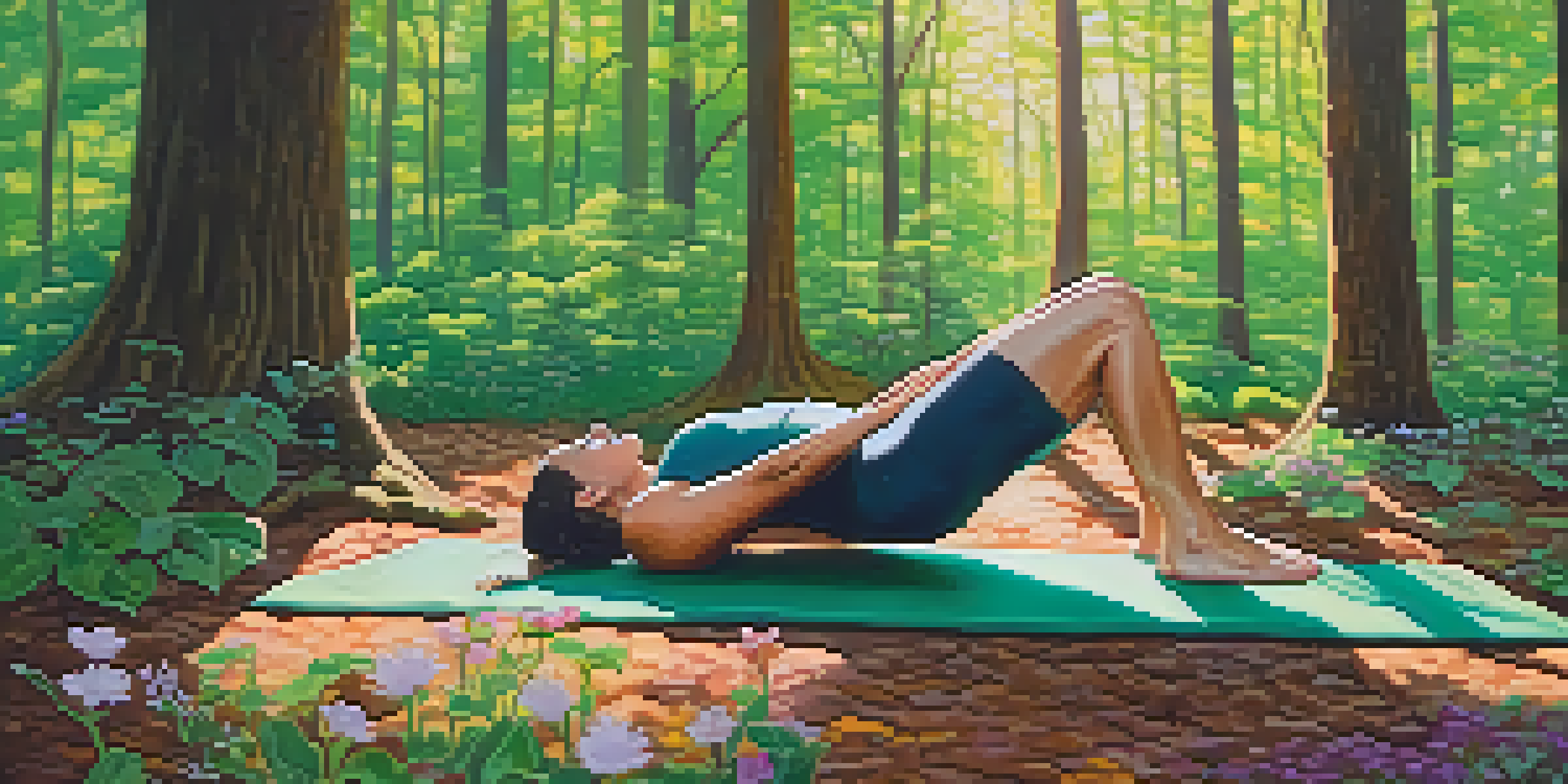 A person practicing yoga in an outdoor forest setting during spring, surrounded by blooming flowers and sunlight.