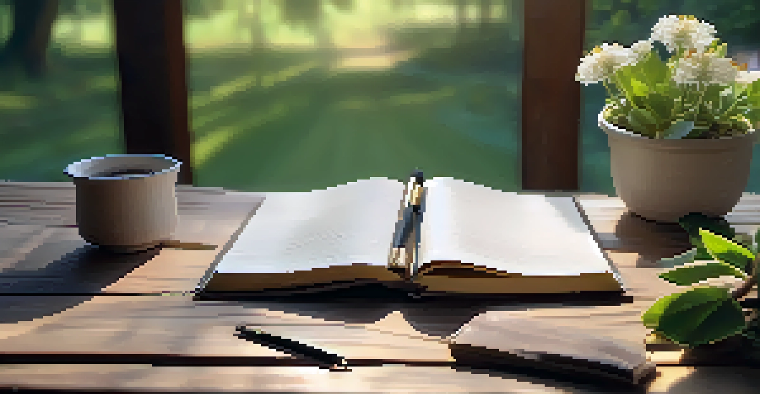 A close-up of a person writing in a journal on a wooden table, with a serene outdoor setting in the background, illustrating reflection and tranquility.