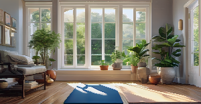A peaceful yoga studio with soft morning light, a yoga mat in the center, and greenery around, creating a calming environment.