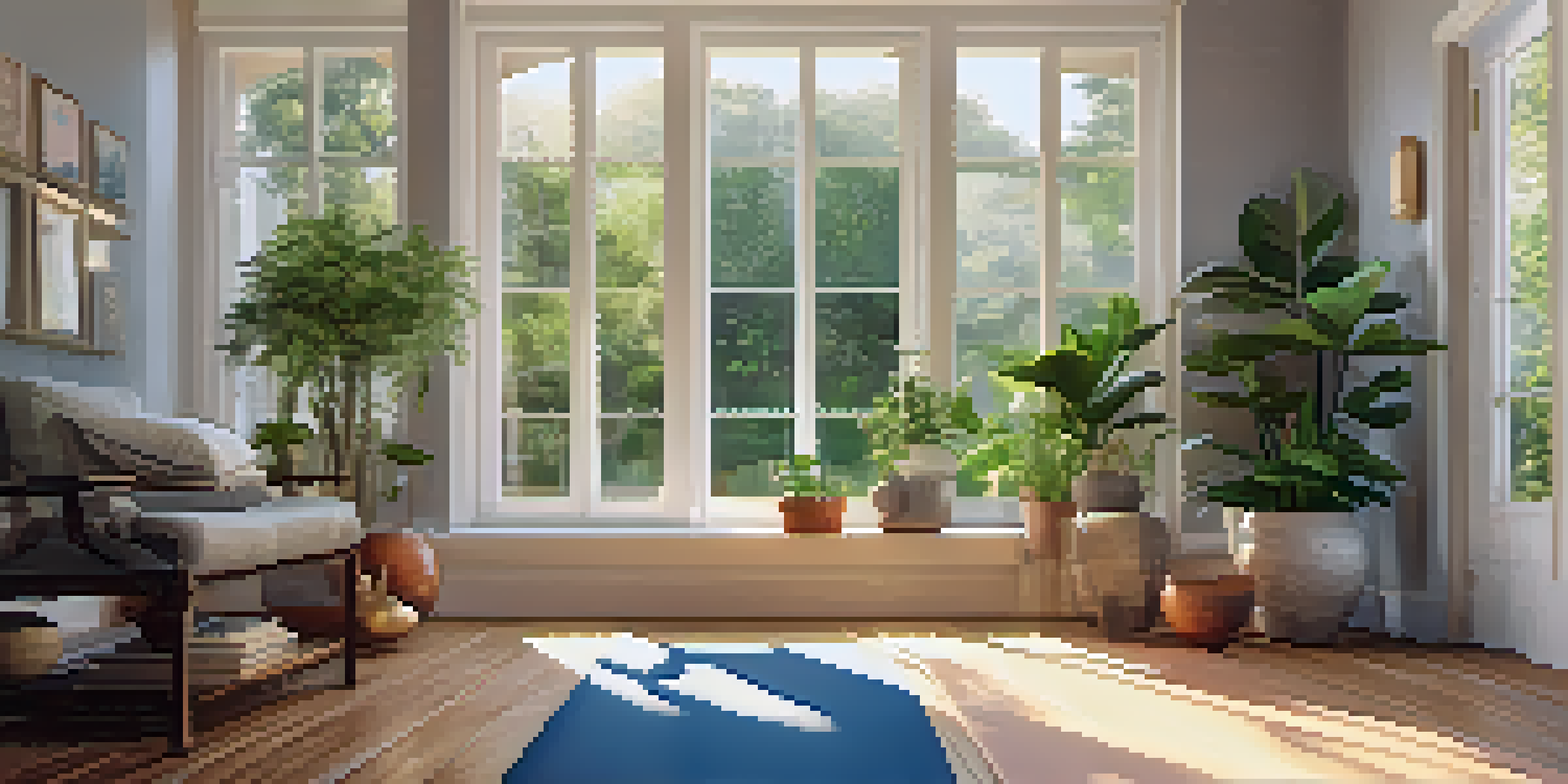 A peaceful yoga studio with soft morning light, a yoga mat in the center, and greenery around, creating a calming environment.