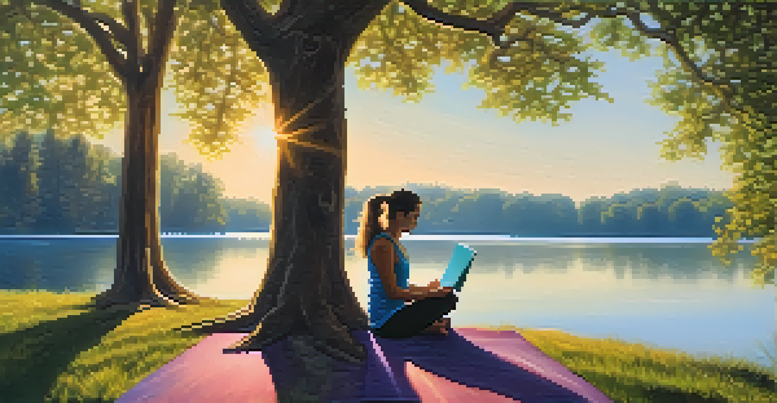 An individual journaling on a yoga mat under a tree by a serene lake, surrounded by nature and golden sunlight, representing peace and connection.