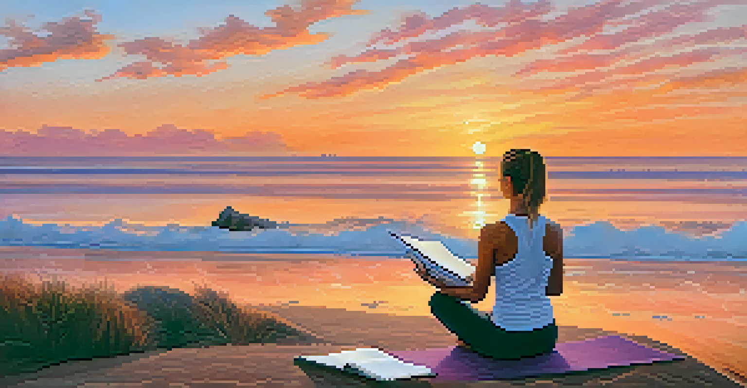 A person doing yoga at sunrise on a cliff, holding a journal in one hand, with a breathtaking ocean view in the background.