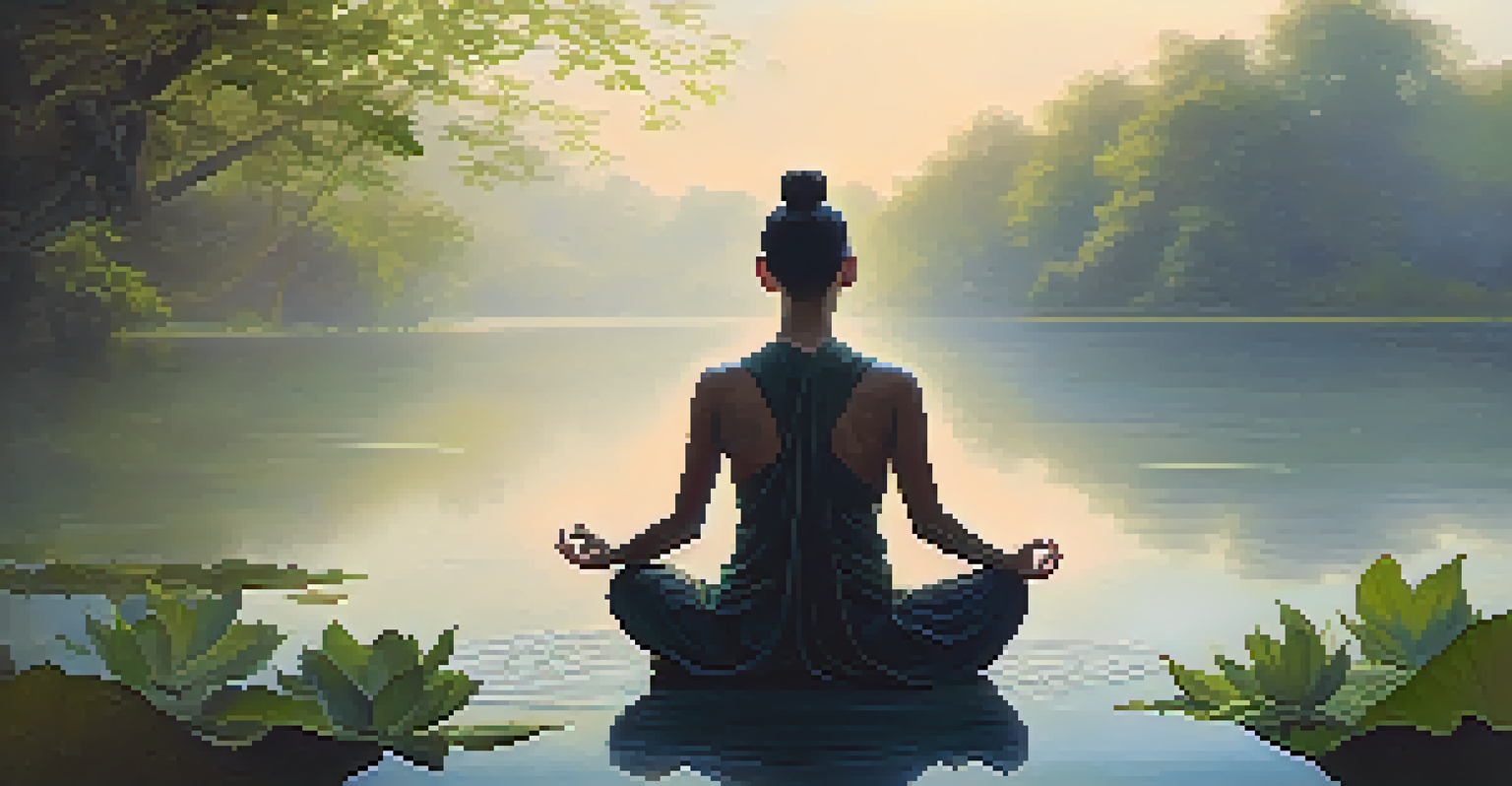 A person meditating in Lotus Pose by a tranquil lake surrounded by greenery, with morning mist over the water.