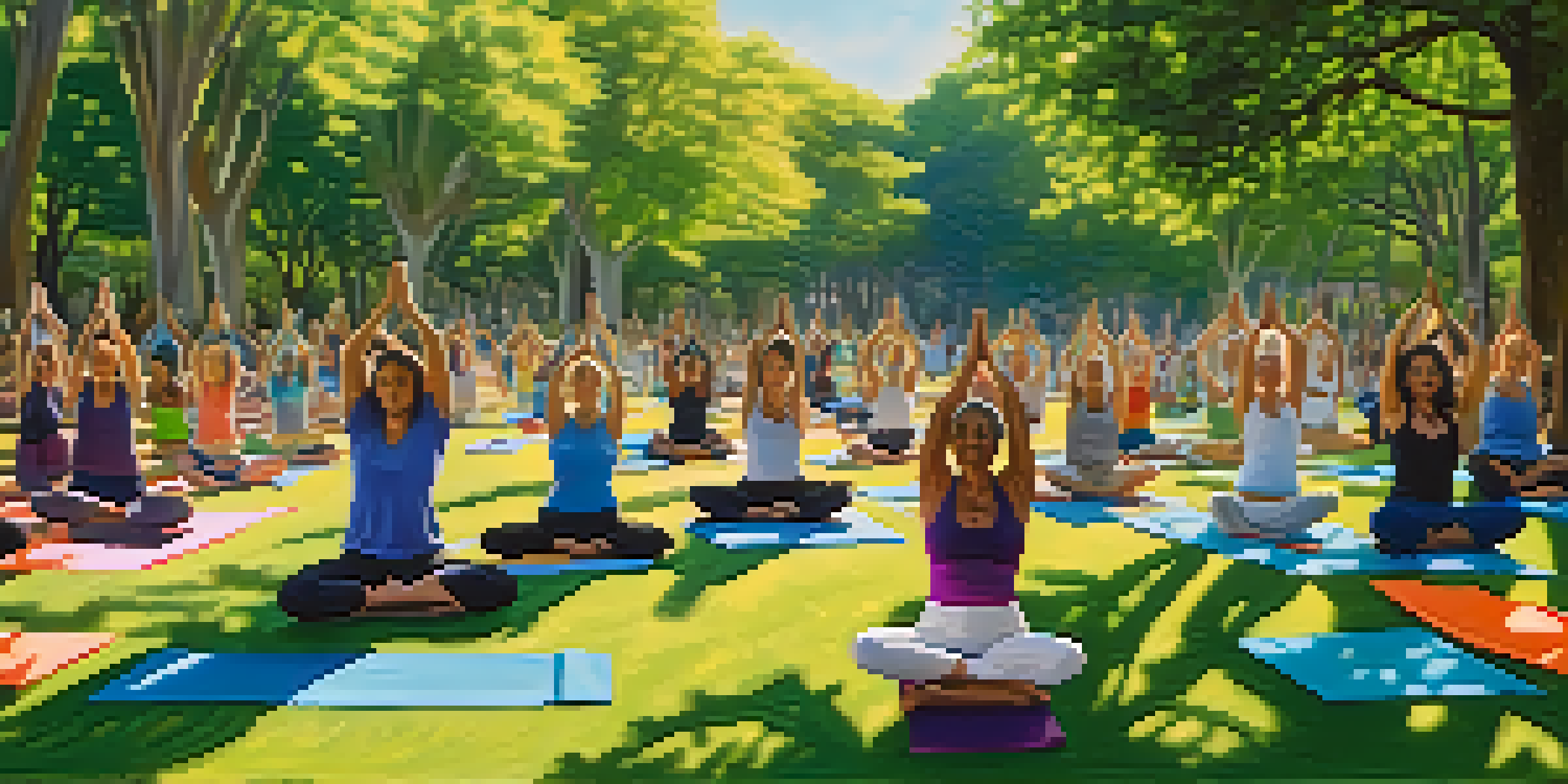 A diverse group of individuals practicing yoga in a green park, surrounded by trees and sunlight.