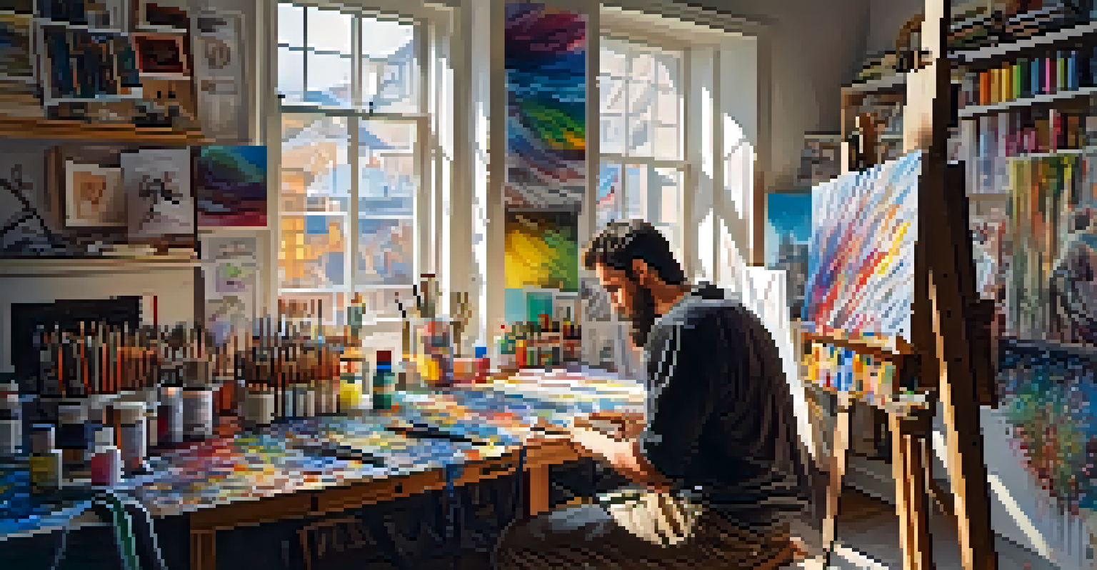 An artist in a vibrant workspace, taking a deep breath while standing at an easel with colorful supplies around.