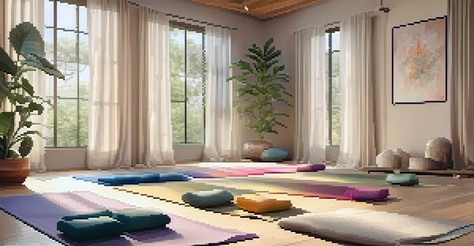 A peaceful yoga studio with a yoga mat, bolsters, and blankets, accented by soft lighting and plants.