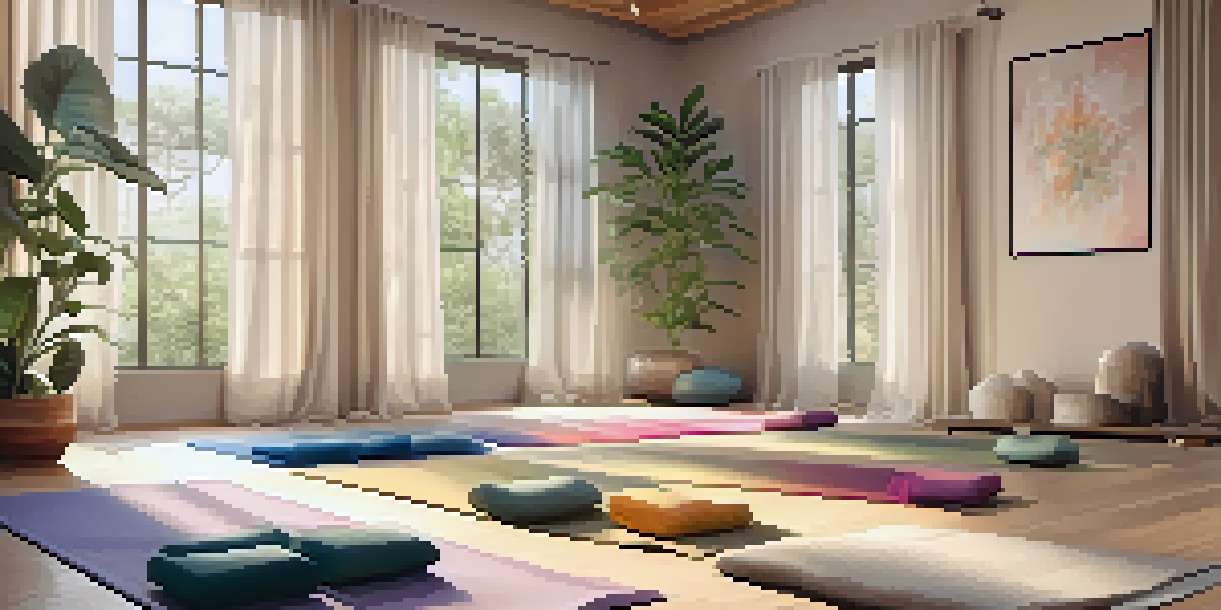 A peaceful yoga studio with a yoga mat, bolsters, and blankets, accented by soft lighting and plants.