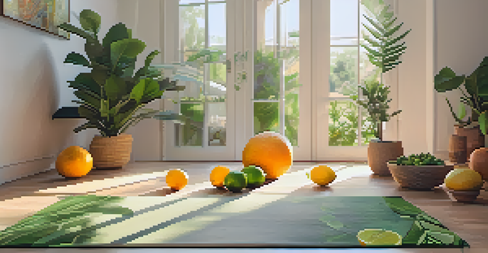 A peaceful yoga setting with a wooden mat, bright citrus fruits, and a diffuser emitting mist, surrounded by green plants.