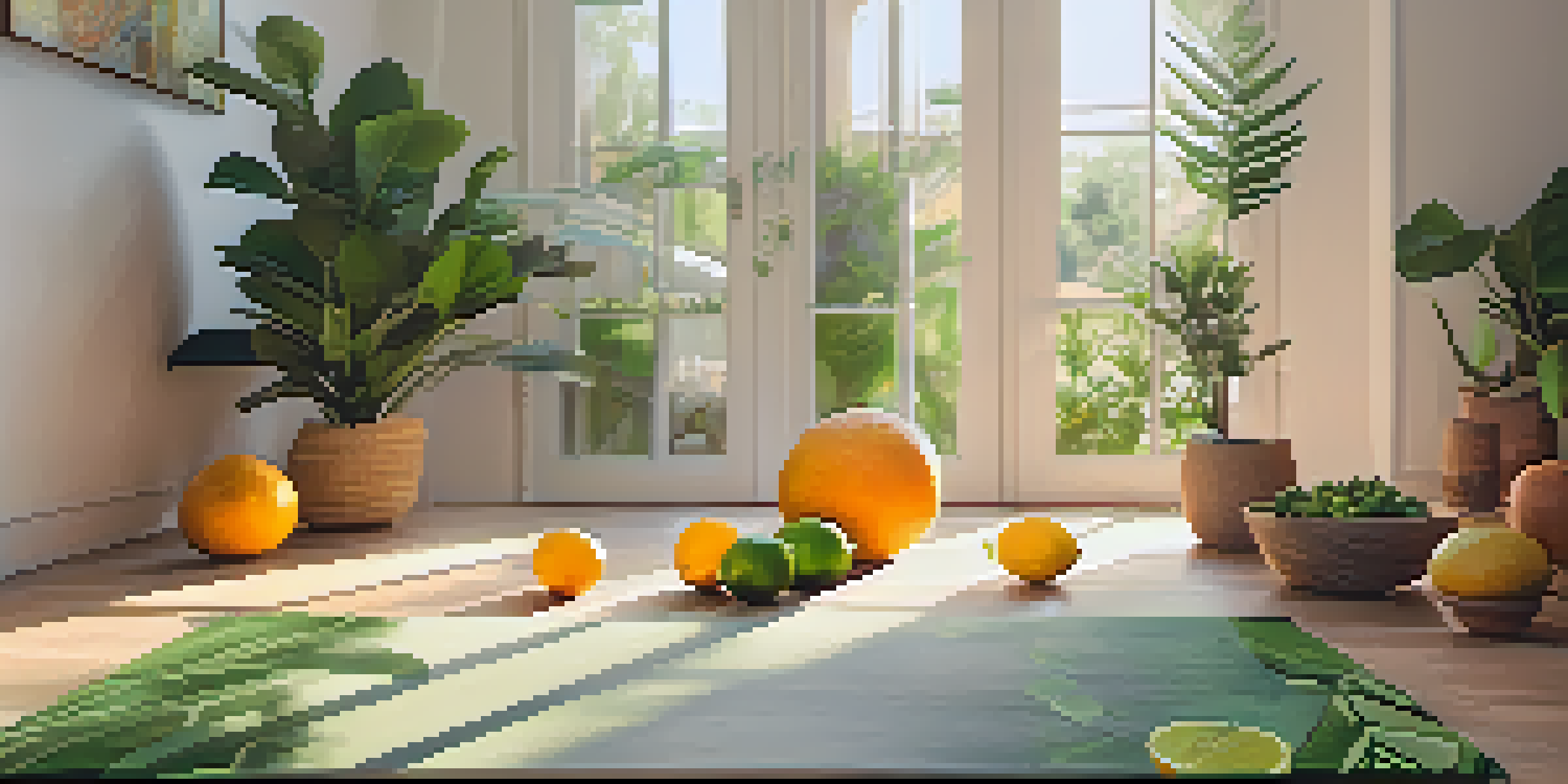 A peaceful yoga setting with a wooden mat, bright citrus fruits, and a diffuser emitting mist, surrounded by green plants.