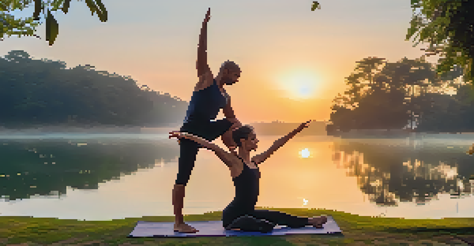 Two individuals in a partner tree pose outdoors during sunset, showcasing balance and trust amidst lush greenery and a tranquil lake.