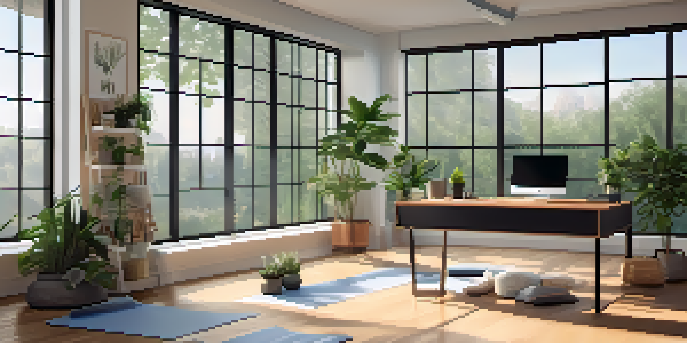 A person practicing yoga in a tranquil office space with a view of nature, surrounded by plants and soft lighting.