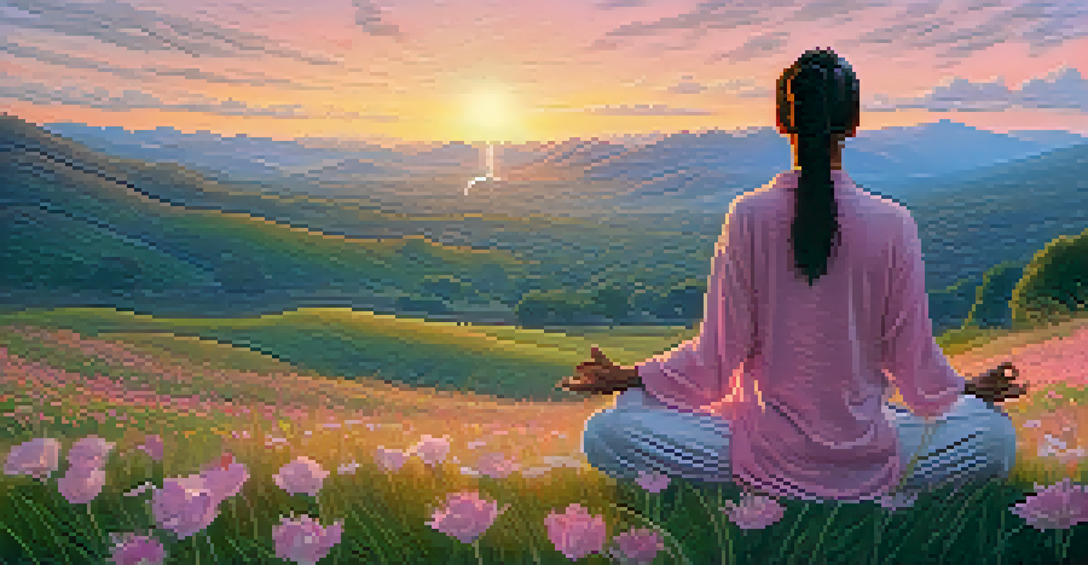 A person meditating in a grassy field at sunrise, surrounded by nature and soft pastel colors in the sky.