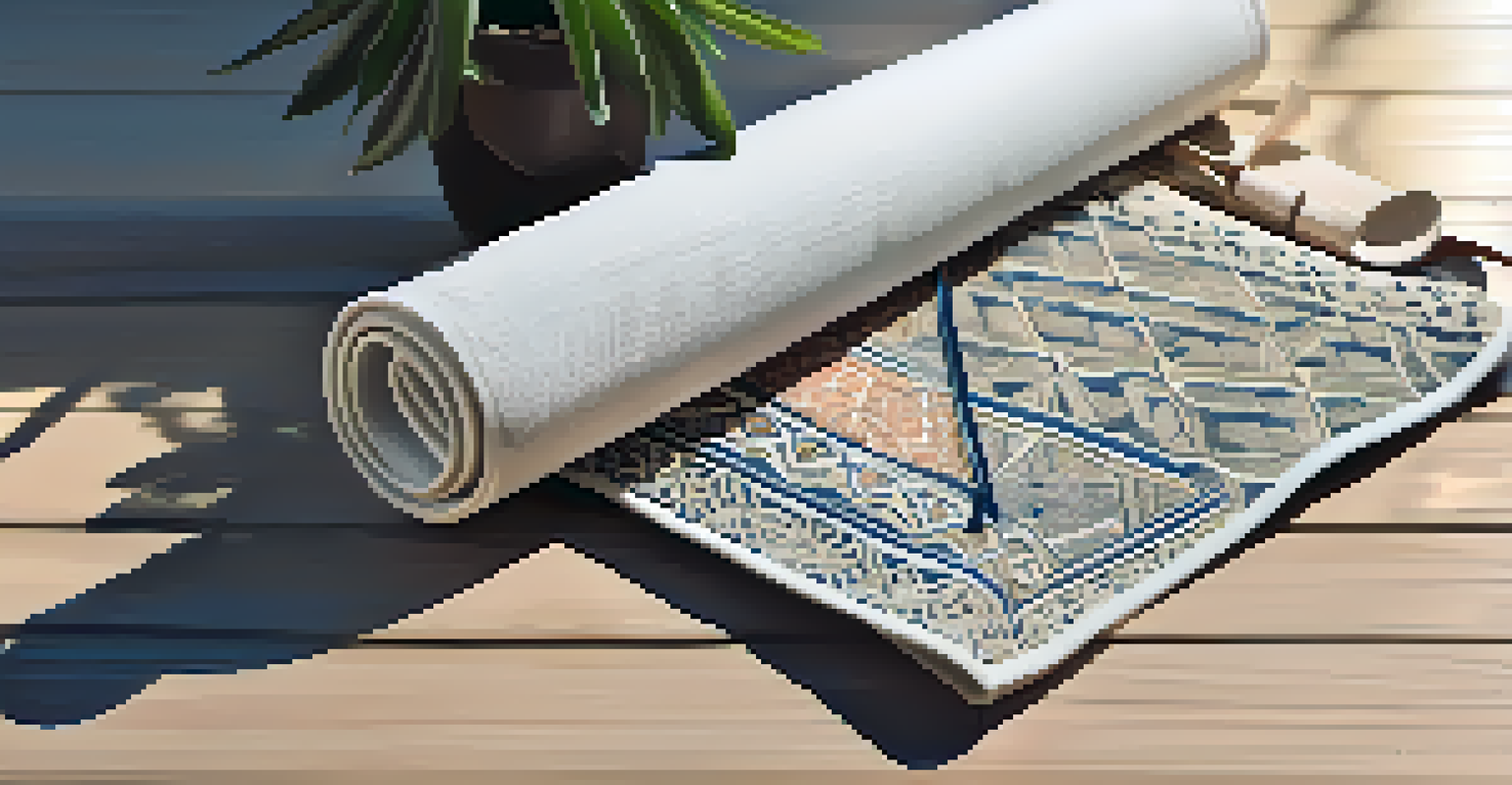 A close-up of a yoga mat with a water bottle, journal, and plant, emphasizing mindfulness and self-care.