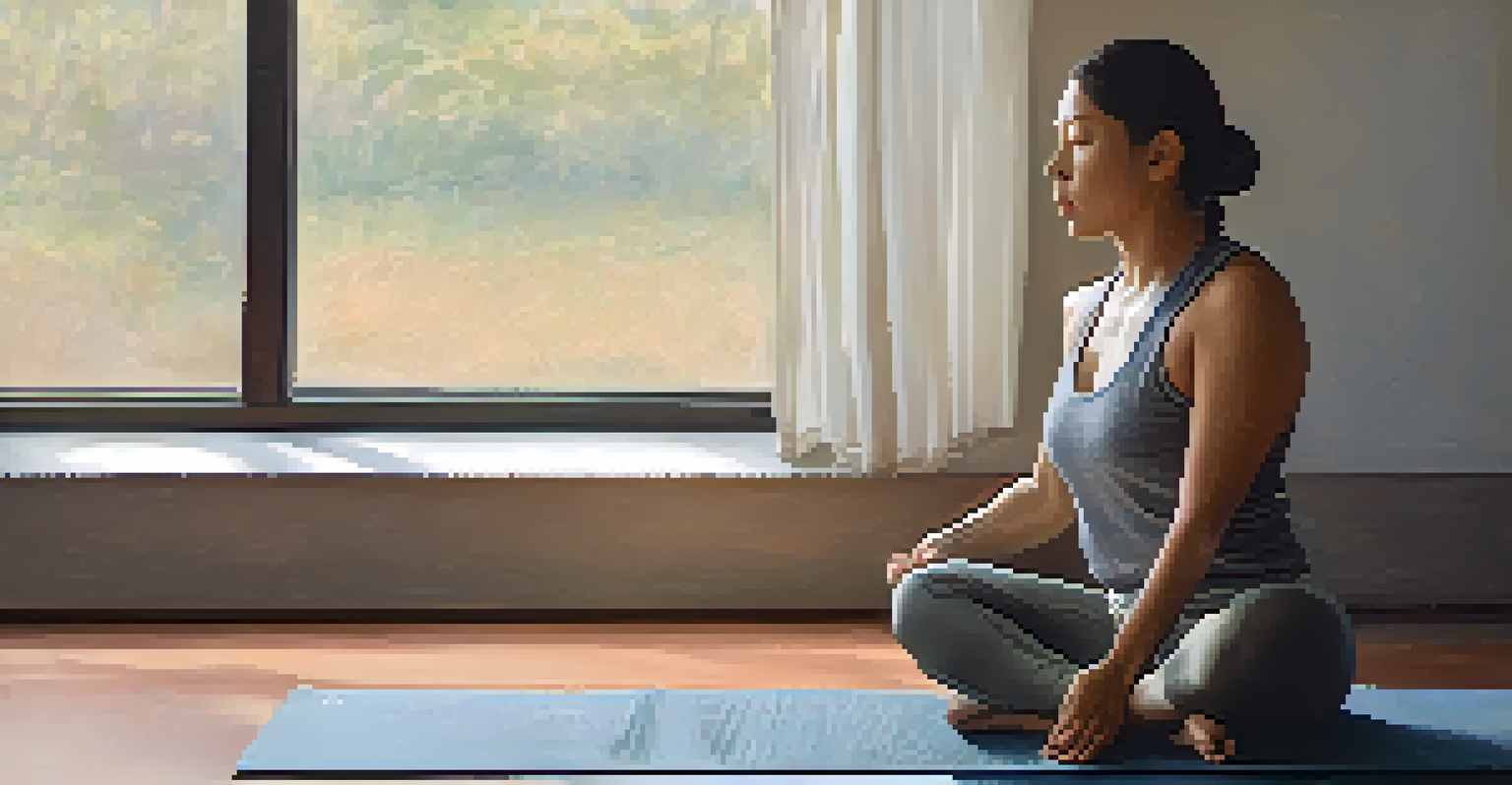 A close-up of a person practicing Ujjayi breathing, sitting cross-legged on a yoga mat with a calm expression.